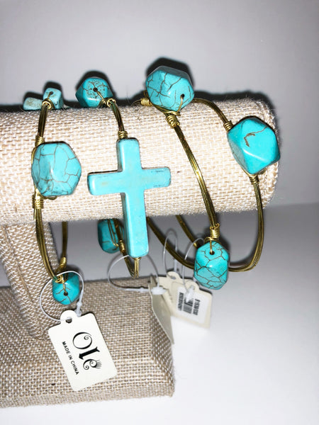 Turquoise Cross and 2 stone wire bracelet