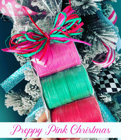 Preppy Pink Christmas Raffia Bundle (hot pink, Kelly green & red)