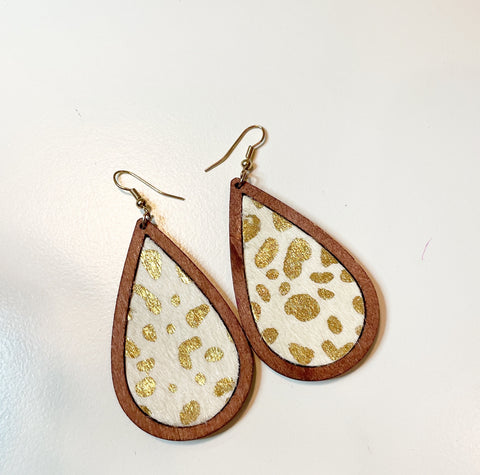 White/Gold Leopard Print Wooden Earrings