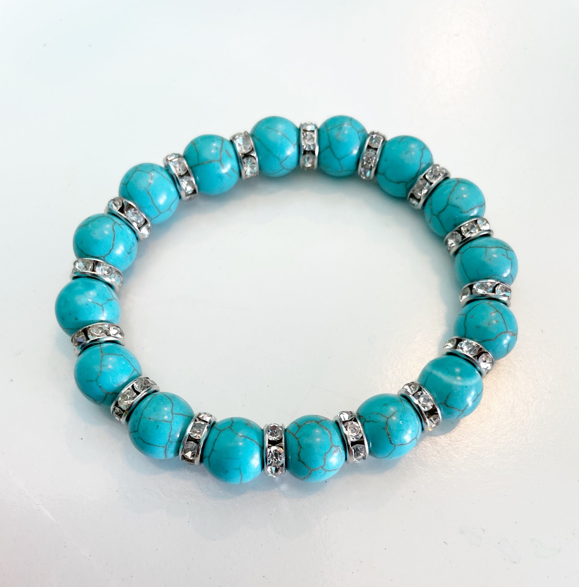 Turquoise Stretch bead & silver rhinestone bracelet
