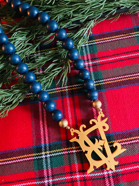 Navy Beaded Necklace with Gold Acrylic Monogram