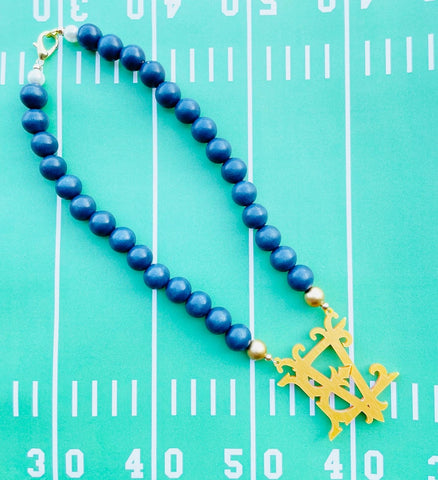 Navy Beaded Necklace with Gold Acrylic Monogram  (Not available for Christmas Delivery..will be available again in Jan 2024)