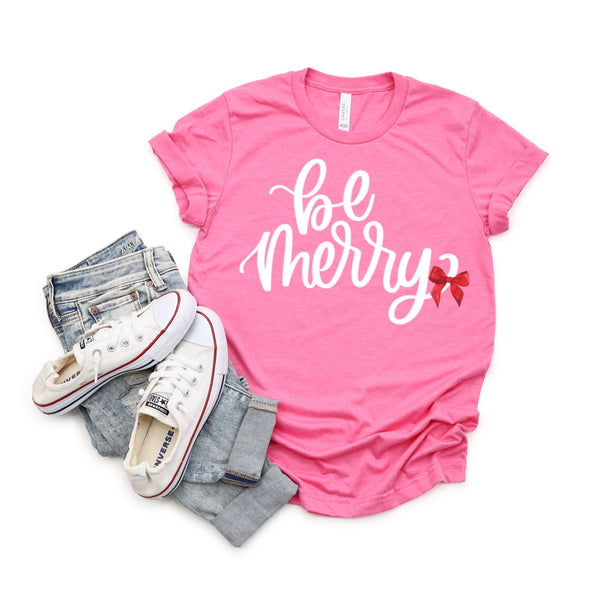 Short Sleeve Be Merry T-Shirt (bubble gum pink color) READY TO SHIP