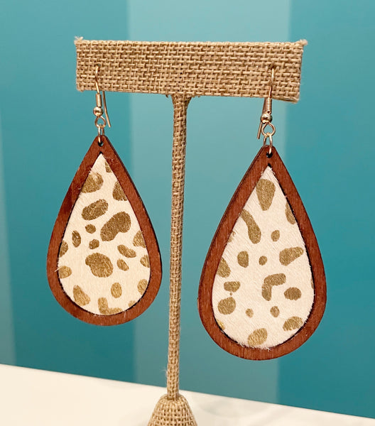 White/Gold Leopard Print Wooden Earrings